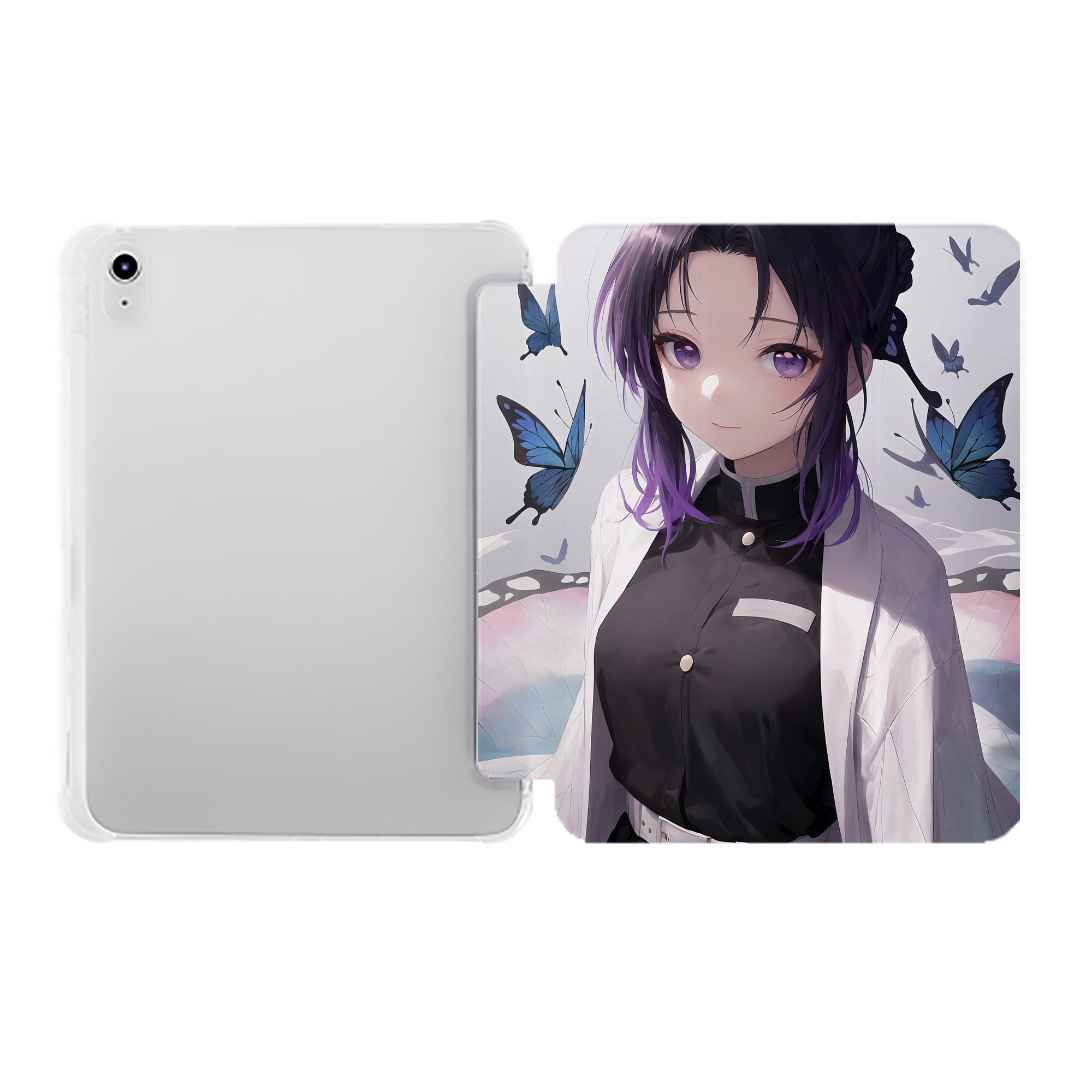 （画像用） 鬼滅の刃（きめつのやいば）蟲柱-胡蝶 しのぶ／こちょう しのぶ Kochou Shinobu IPad ケース ペン収納付き 三つ折りスタンド PUレザー×シリコン 対応機種9.5/10.5/10.9インチ